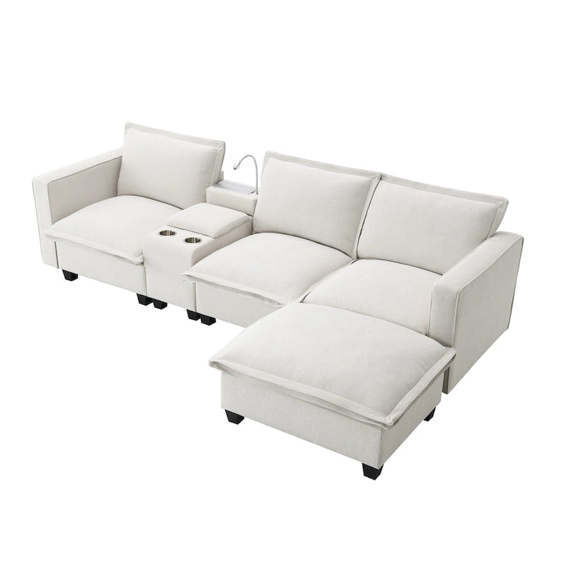Chenille Sofa - 109"L, USB Charging, Reading Lights, Storage, Cup Holders, 330 lbs Capacity, 4-Seater, Convertible Ottoman