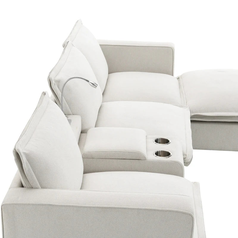 Chenille Sofa - 109"L, USB Charging, Reading Lights, Storage, Cup Holders, 330 lbs Capacity, 4-Seater, Convertible Ottoman