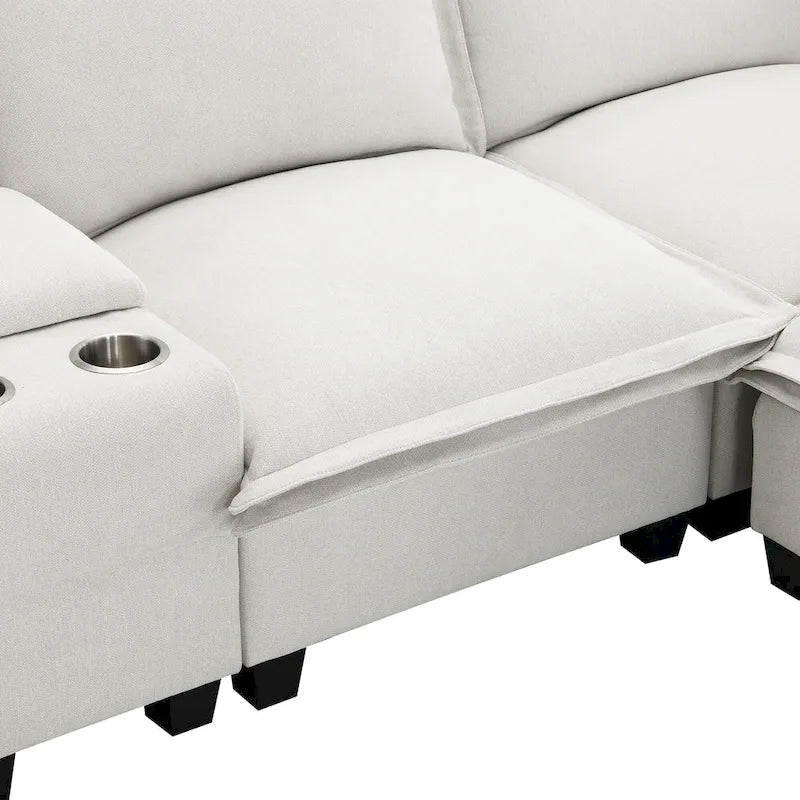 Chenille Sofa - 109"L, USB Charging, Reading Lights, Storage, Cup Holders, 330 lbs Capacity, 4-Seater, Convertible Ottoman