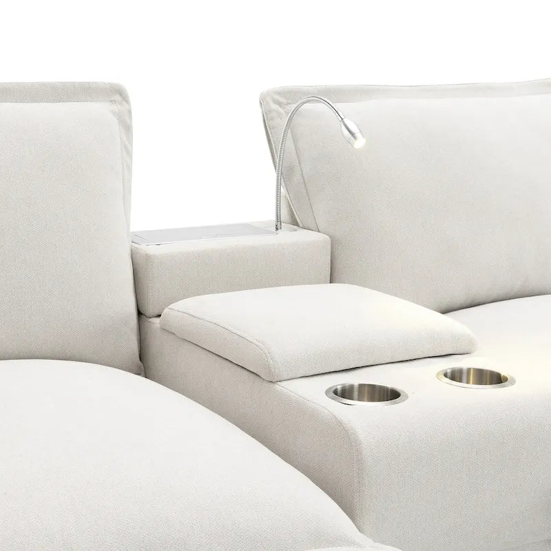 Chenille Sofa - 109"L, USB Charging, Reading Lights, Storage, Cup Holders, 330 lbs Capacity, 4-Seater, Convertible Ottoman