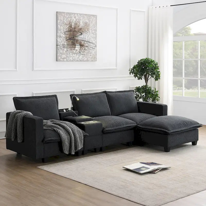 Chenille Sofa - 109"L, USB Charging, Reading Lights, Storage, Cup Holders, 330 lbs Capacity, 4-Seater, Convertible Ottoman