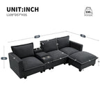 Chenille Sofa - 109"L, USB Charging, Reading Lights, Storage, Cup Holders, 330 lbs Capacity, 4-Seater, Convertible Ottoman