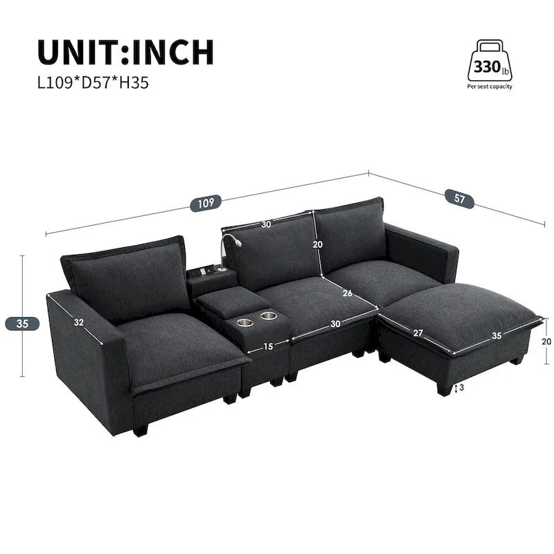 Chenille Sofa - 109"L, USB Charging, Reading Lights, Storage, Cup Holders, 330 lbs Capacity, 4-Seater, Convertible Ottoman