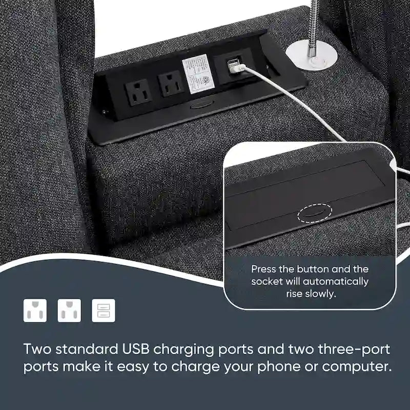 Chenille Sofa - 109"L, USB Charging, Reading Lights, Storage, Cup Holders, 330 lbs Capacity, 4-Seater, Convertible Ottoman