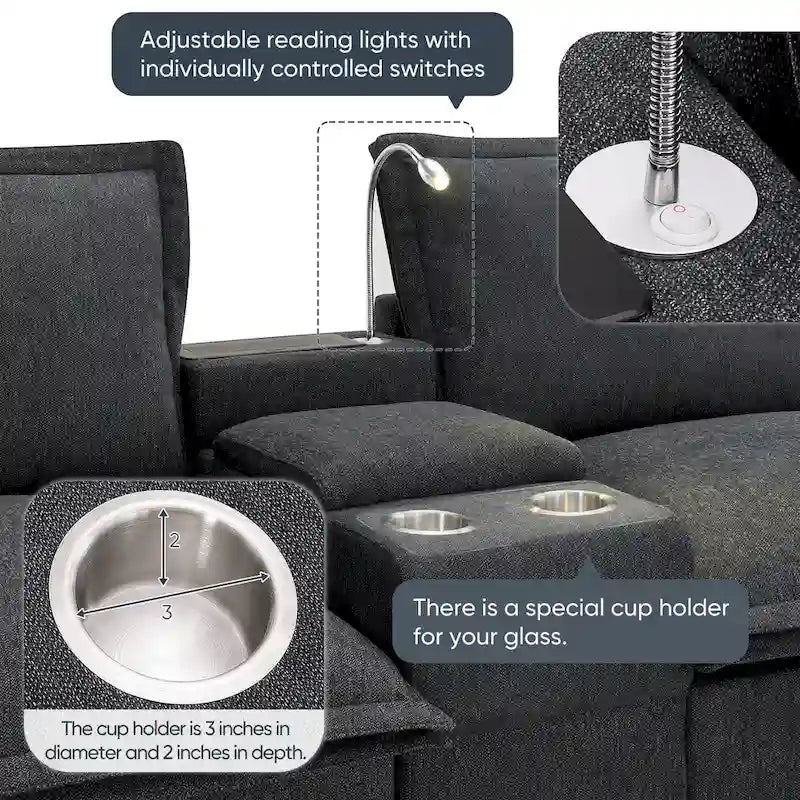 Chenille Sofa - 109"L, USB Charging, Reading Lights, Storage, Cup Holders, 330 lbs Capacity, 4-Seater, Convertible Ottoman