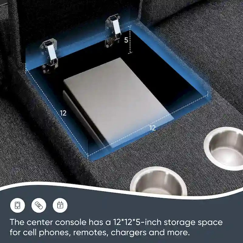 Chenille Sofa - 109"L, USB Charging, Reading Lights, Storage, Cup Holders, 330 lbs Capacity, 4-Seater, Convertible Ottoman