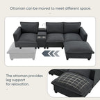 Chenille Sofa - 109"L, USB Charging, Reading Lights, Storage, Cup Holders, 330 lbs Capacity, 4-Seater, Convertible Ottoman