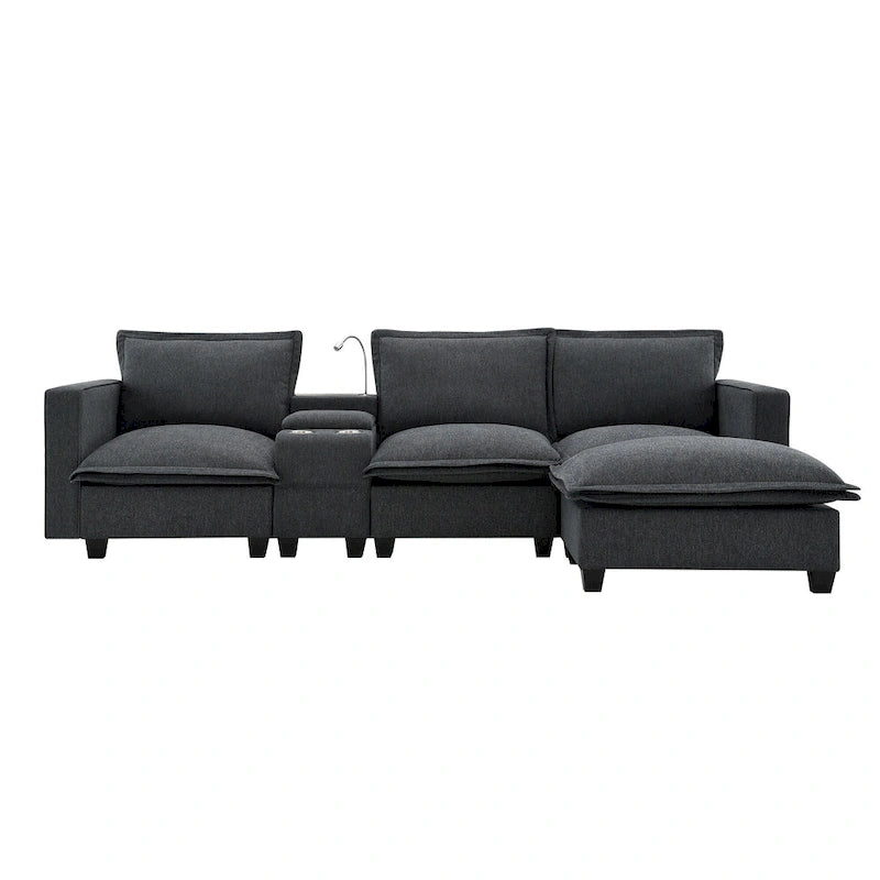 Chenille Sofa - 109"L, USB Charging, Reading Lights, Storage, Cup Holders, 330 lbs Capacity, 4-Seater, Convertible Ottoman