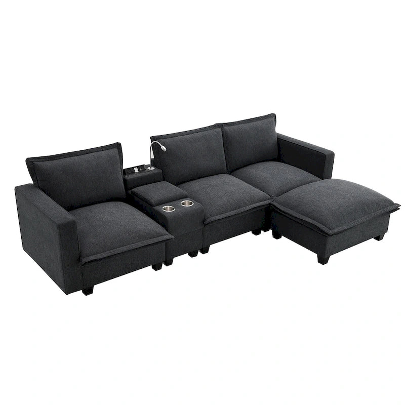 Chenille Sofa - 109"L, USB Charging, Reading Lights, Storage, Cup Holders, 330 lbs Capacity, 4-Seater, Convertible Ottoman