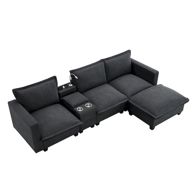 Chenille Sofa - 109"L, USB Charging, Reading Lights, Storage, Cup Holders, 330 lbs Capacity, 4-Seater, Convertible Ottoman