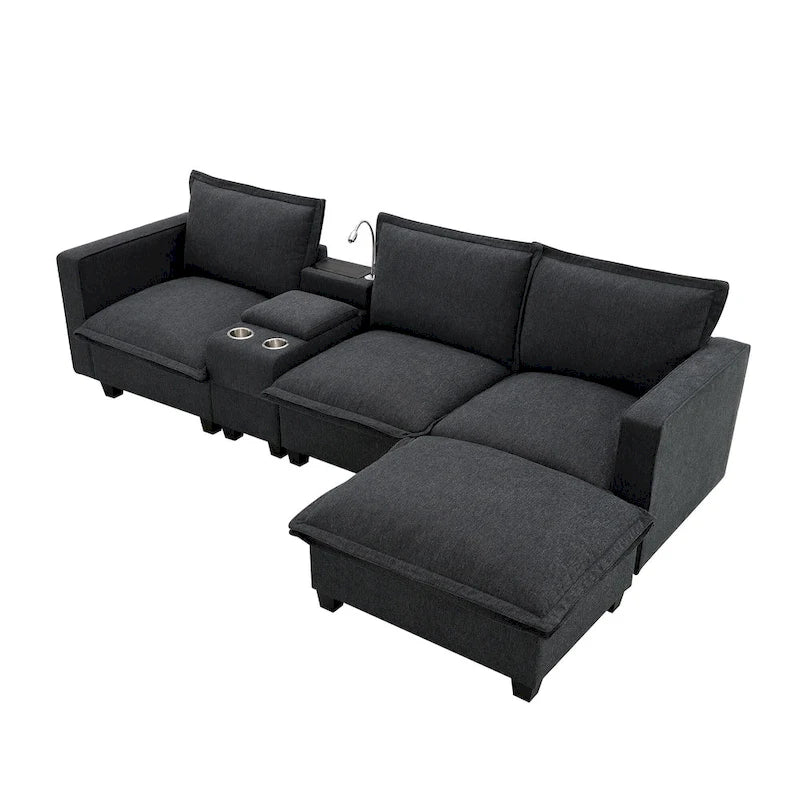 Chenille Sofa - 109"L, USB Charging, Reading Lights, Storage, Cup Holders, 330 lbs Capacity, 4-Seater, Convertible Ottoman