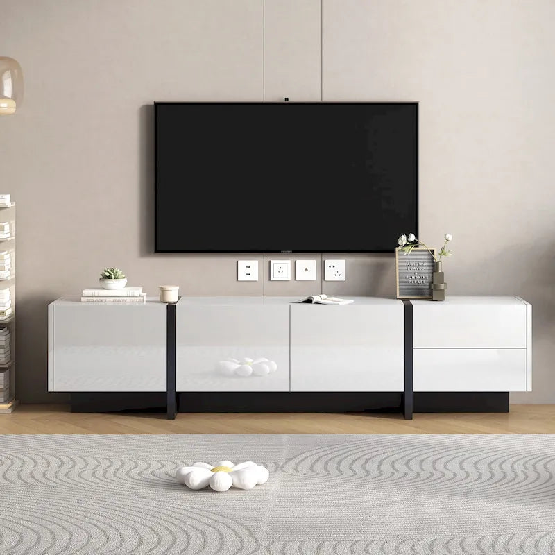 TV Stand - 74.8"W, For 80" TVs, High Gloss UV Surface, 2 Drawers, 3 Cabinets, Particleboard, White/Black, 88 lbs Capacity