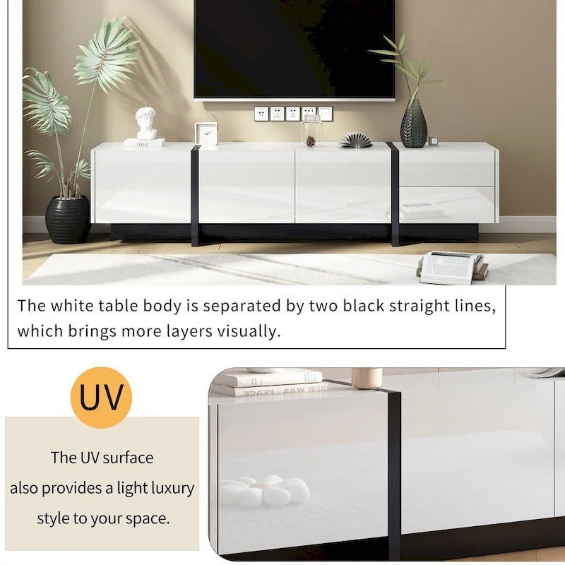 TV Stand - 74.8"W, For 80" TVs, High Gloss UV Surface, 2 Drawers, 3 Cabinets, Particleboard, White/Black, 88 lbs Capacity