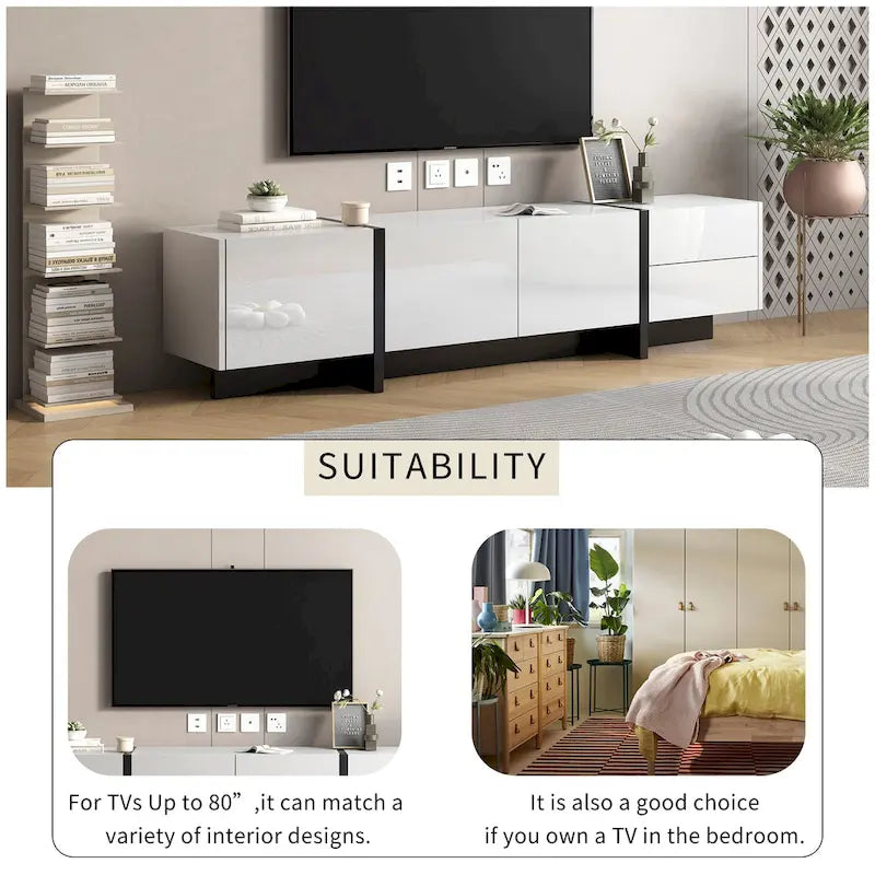 TV Stand - 74.8"W, For 80" TVs, High Gloss UV Surface, 2 Drawers, 3 Cabinets, Particleboard, White/Black, 88 lbs Capacity