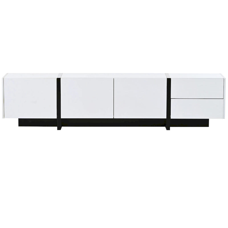 TV Stand - 74.8"W, For 80" TVs, High Gloss UV Surface, 2 Drawers, 3 Cabinets, Particleboard, White/Black, 88 lbs Capacity