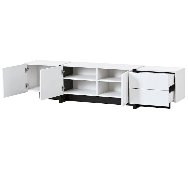 TV Stand - 74.8"W, For 80" TVs, High Gloss UV Surface, 2 Drawers, 3 Cabinets, Particleboard, White/Black, 88 lbs Capacity