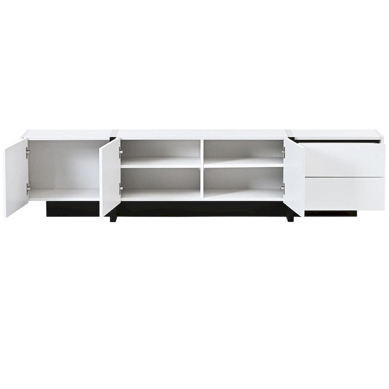 TV Stand - 74.8"W, For 80" TVs, High Gloss UV Surface, 2 Drawers, 3 Cabinets, Particleboard, White/Black, 88 lbs Capacity