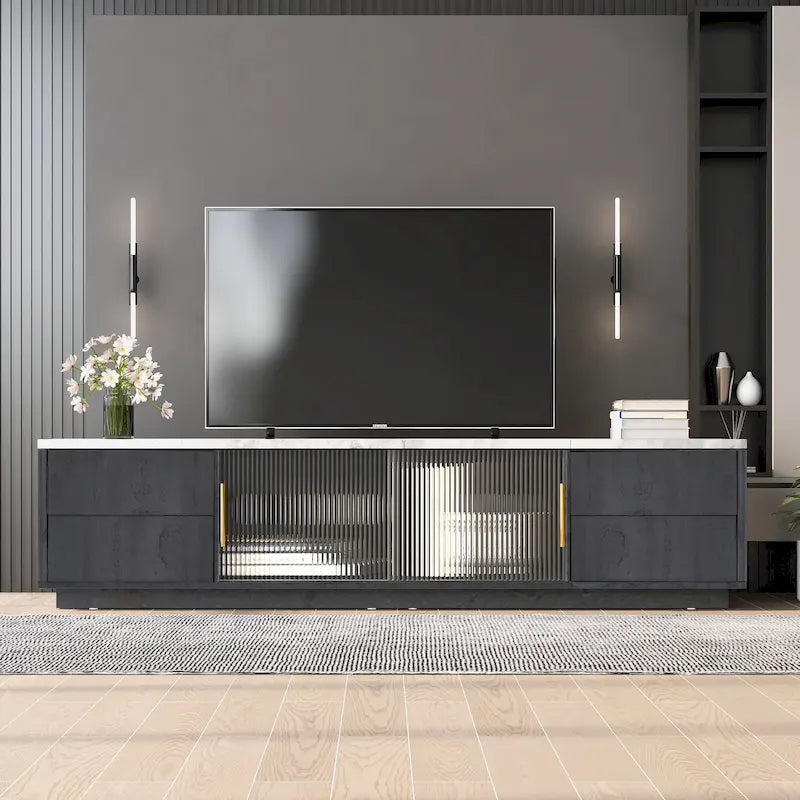 TV Stand - 62.9"L x 15.7"W x 17.7"H, For 70" TVs, 4 Drawers, Storage Cabinet, MDF, 110 lbs Capacity, Black/White