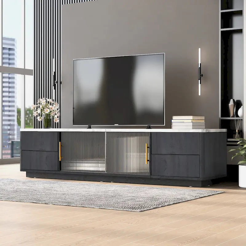 TV Stand - 62.9"L x 15.7"W x 17.7"H, For 70" TVs, 4 Drawers, Storage Cabinet, MDF, 110 lbs Capacity, Black/White