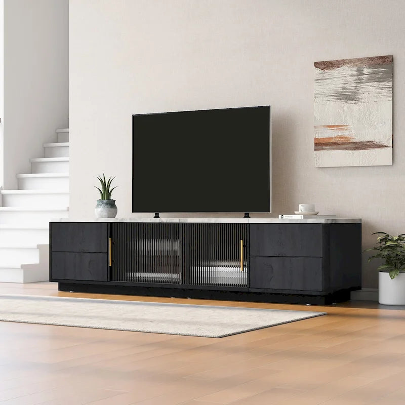 TV Stand - 62.9"L x 15.7"W x 17.7"H, For 70" TVs, 4 Drawers, Storage Cabinet, MDF, 110 lbs Capacity, Black/White