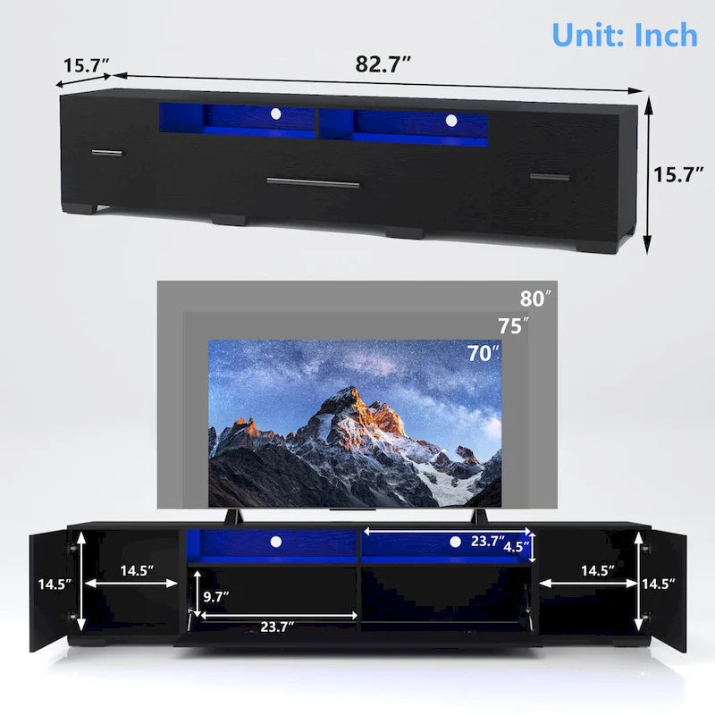 TV Console with RGB Lights - 83"W, For 80" TVs, 90% Storage, App/Remote Control, 31 Modes, Particleboard, Black, 220 lbs
