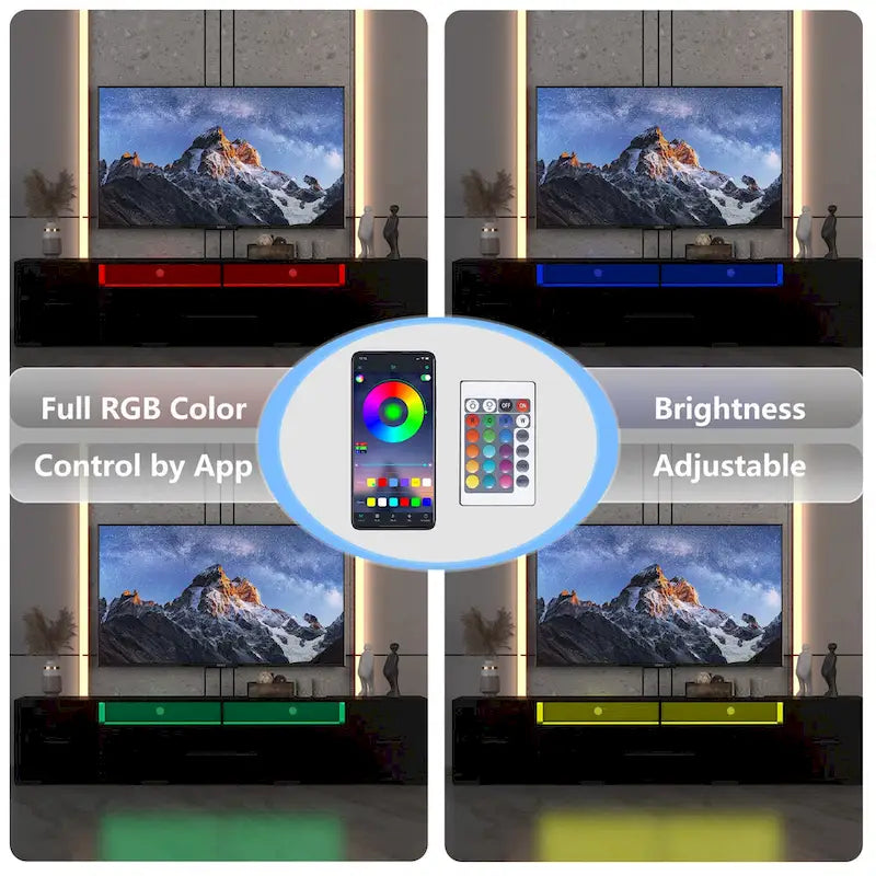 TV Console with RGB Lights - 83"W, For 80" TVs, 90% Storage, App/Remote Control, 31 Modes, Particleboard, Black, 220 lbs