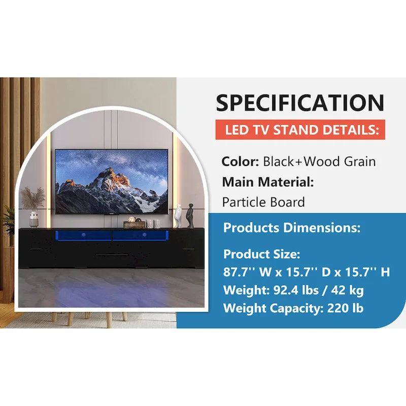 TV Console with RGB Lights - 83"W, For 80" TVs, 90% Storage, App/Remote Control, 31 Modes, Particleboard, Black, 220 lbs