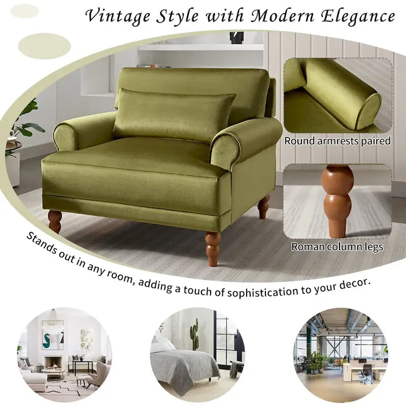 37.8" Velvet Accent Chair - Ergonomic Lumbar Support, Roman Column Legs, Circular Armrests, 220 lbs Capacity, Polyester