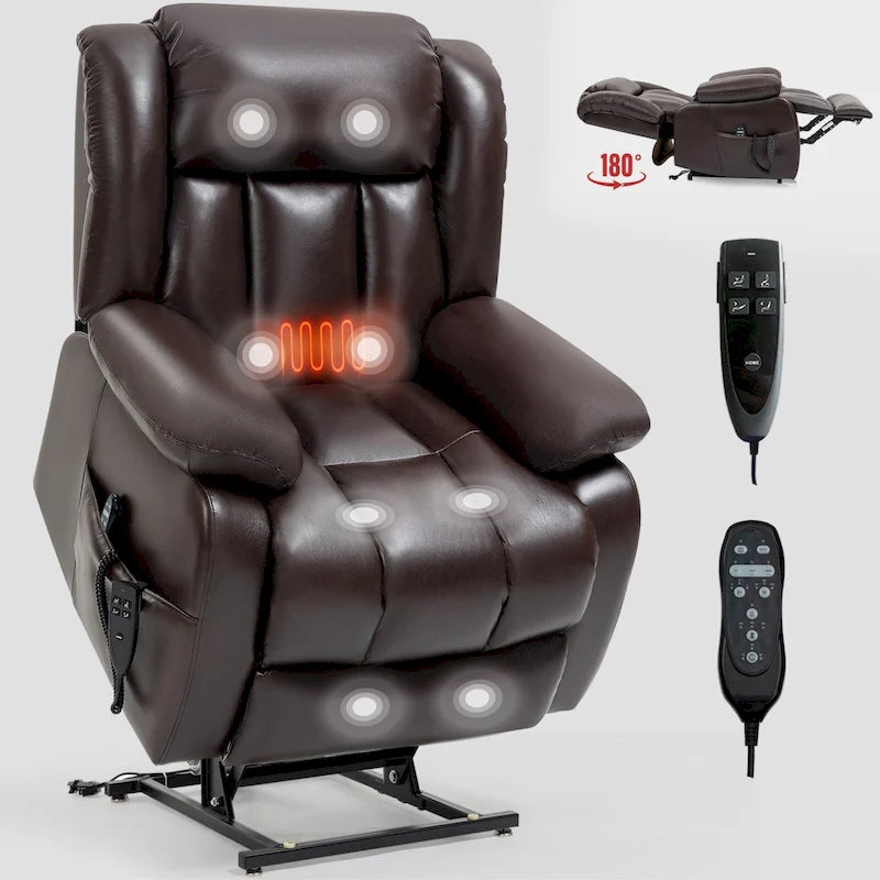 Electric Power Lift Recliner Chair - Genuine Leather, Dual Motors, 8-Point Massage, Lumbar Heat, 180° Recline, Medium Size