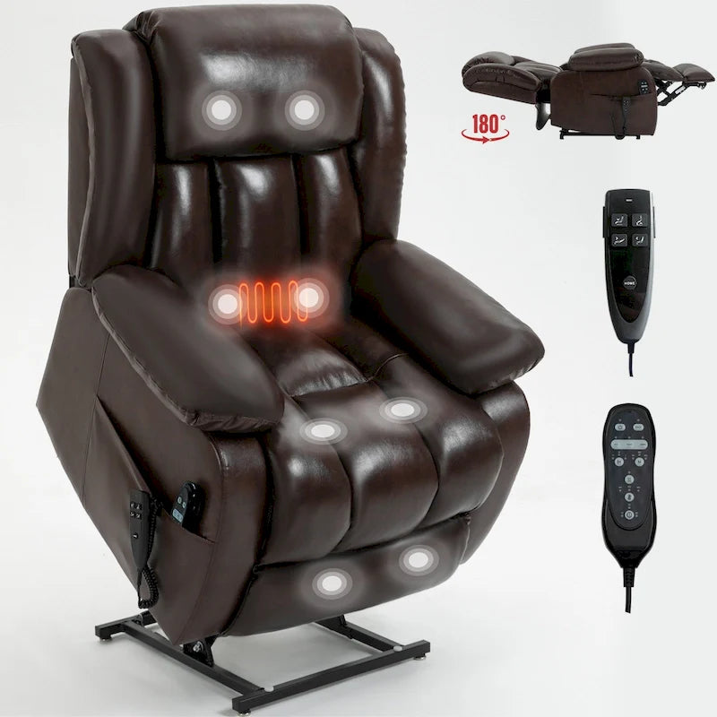 Electric Power Lift Recliner Chair - Genuine Leather, Dual Motors, 8-Point Massage, Lumbar Heat, 180° Recline, Medium Size