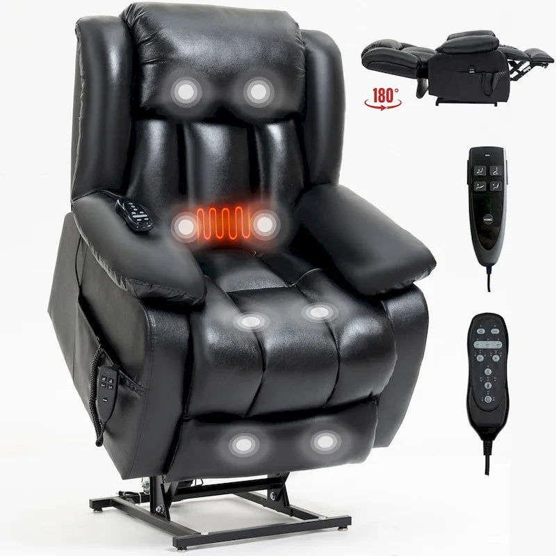 Electric Power Lift Recliner Chair - Genuine Leather, Dual Motors, 8-Point Massage, Lumbar Heat, 180° Recline, Medium Size