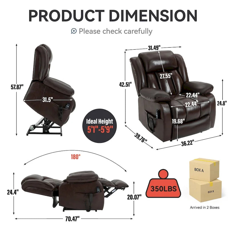 Electric Power Lift Recliner Chair - Genuine Leather, Dual Motors, 8-Point Massage, Lumbar Heat, 180° Recline, Medium Size