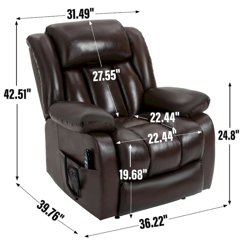 Electric Power Lift Recliner Chair - Genuine Leather, Dual Motors, 8-Point Massage, Lumbar Heat, 180° Recline, Medium Size