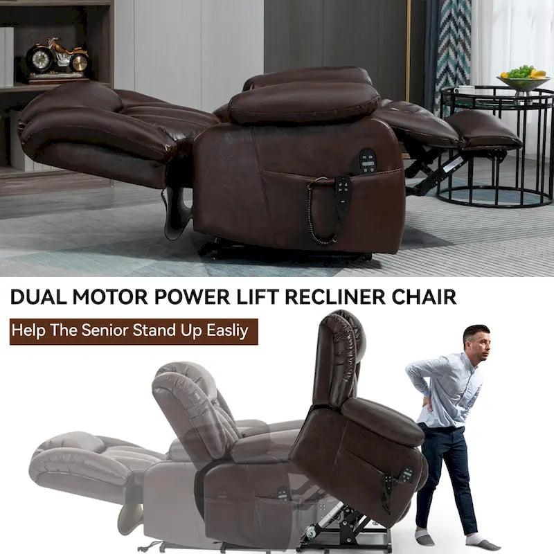 Electric Power Lift Recliner Chair - Genuine Leather, Dual Motors, 8-Point Massage, Lumbar Heat, 180° Recline