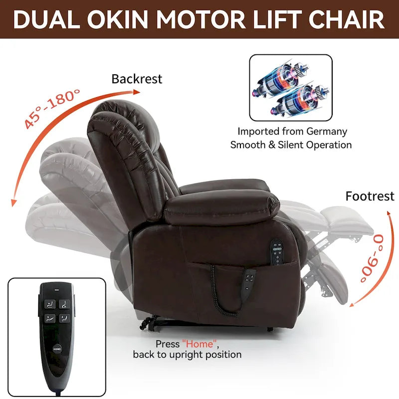 Electric Power Lift Recliner Chair - Genuine Leather, Dual Motors, 8-Point Massage, Lumbar Heat, 180° Recline