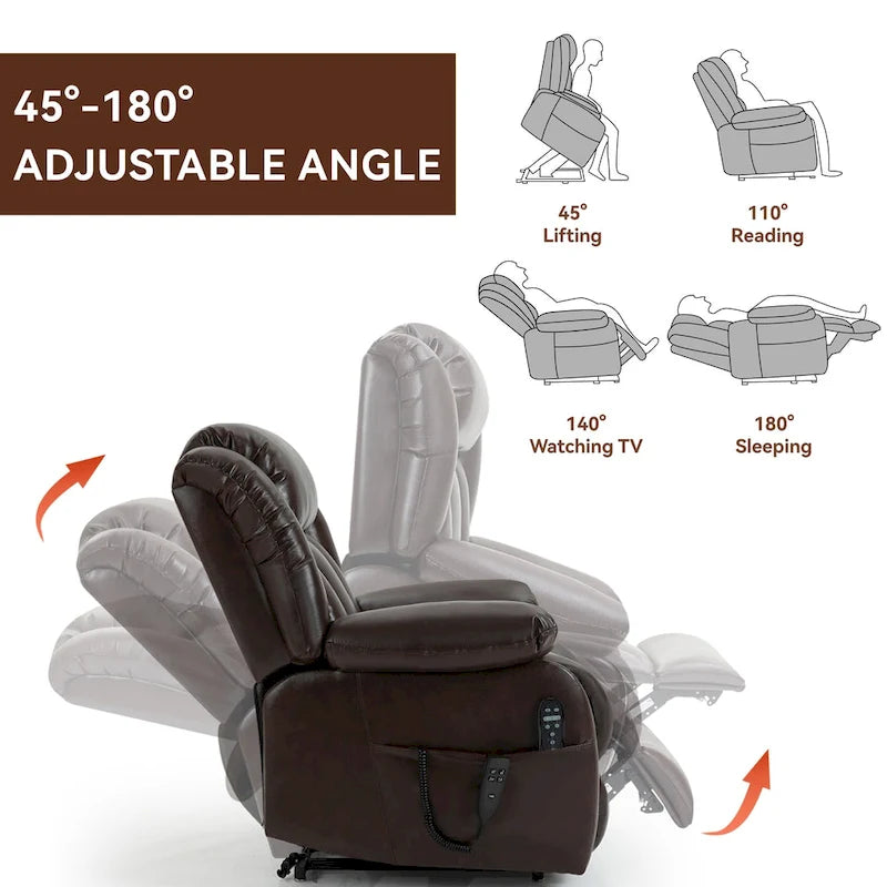 Electric Power Lift Recliner Chair - Genuine Leather, Dual Motors, 8-Point Massage, Lumbar Heat, 180° Recline