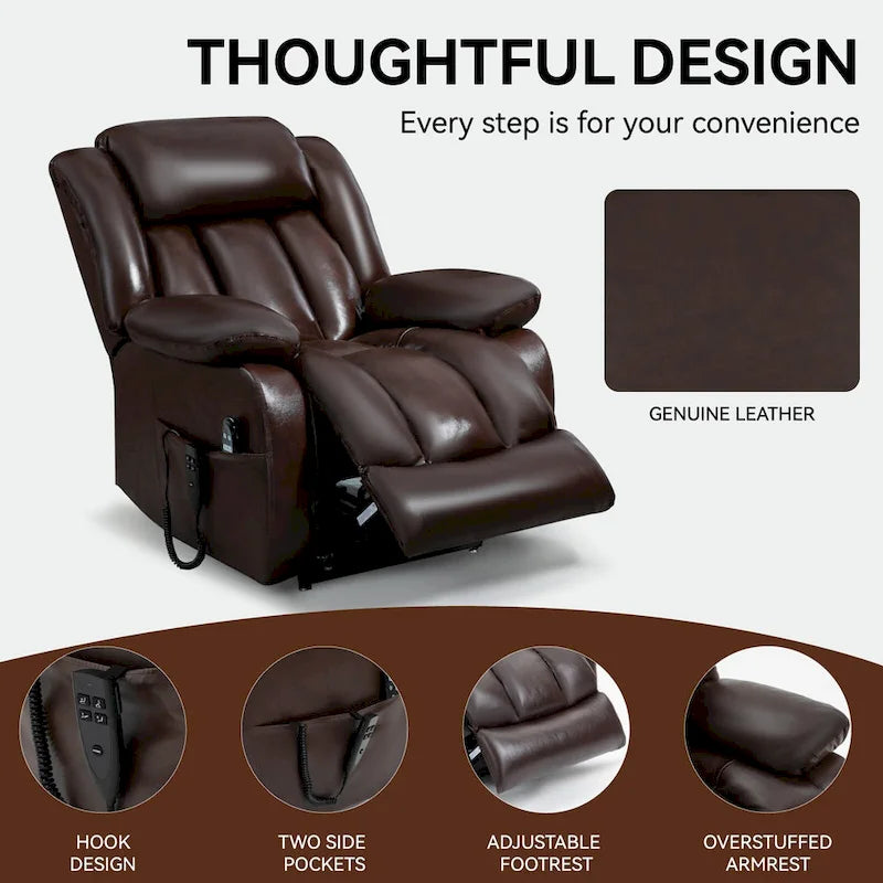 Electric Power Lift Recliner Chair - Genuine Leather, Dual Motors, 8-Point Massage, Lumbar Heat, 180° Recline