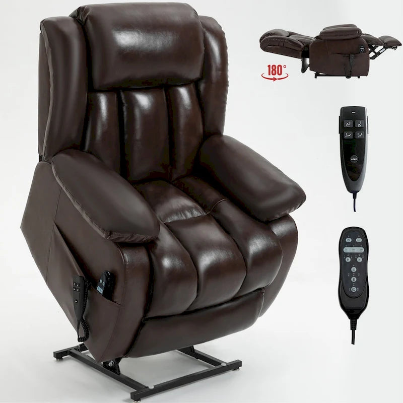 Electric Power Lift Recliner Chair - Genuine Leather, Dual Motors, 8-Point Massage, Lumbar Heat, 180° Recline