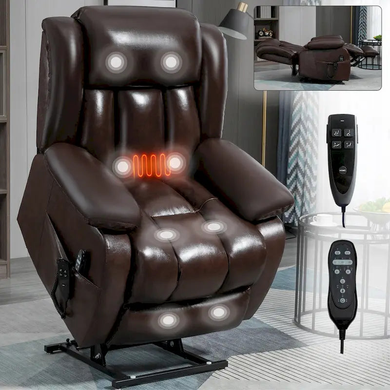 Electric Power Lift Recliner Chair - Genuine Leather, Dual Motors, 8-Point Massage, Lumbar Heat, 180° Recline