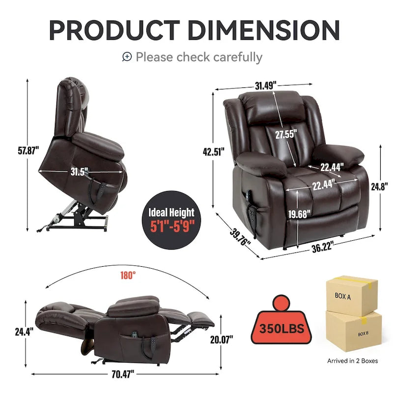 Electric Power Lift Recliner Chair - Genuine Leather, Dual Motors, 8-Point Massage, Lumbar Heat, 180° Recline
