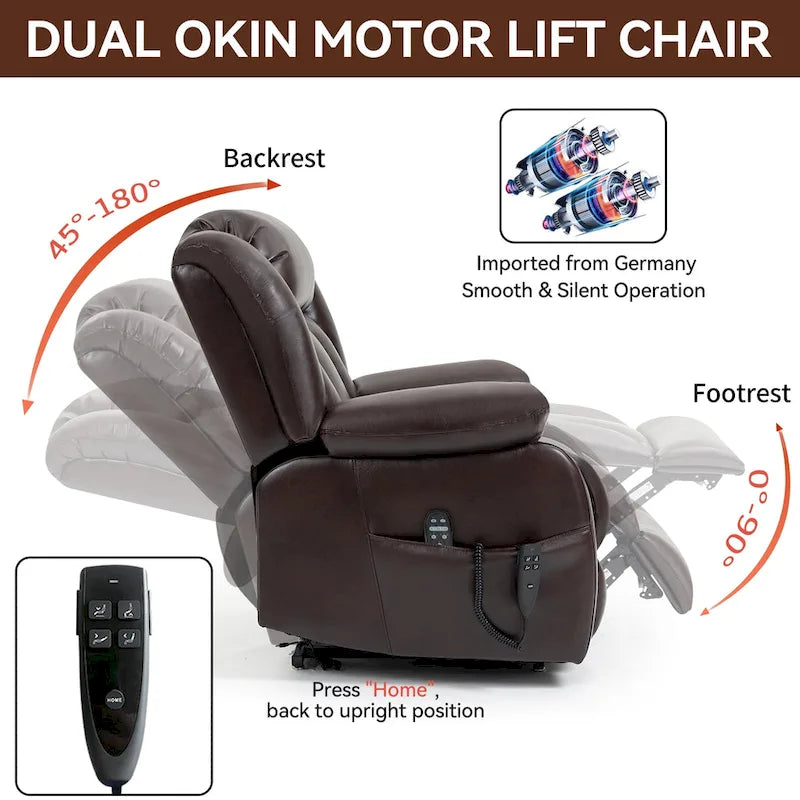 Electric Power Lift Recliner Chair - Genuine Leather, Dual Motors, 8-Point Massage, Lumbar Heat, 180° Recline