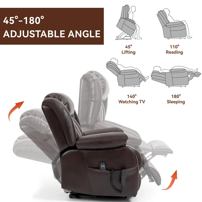 Electric Power Lift Recliner Chair - Genuine Leather, Dual Motors, 8-Point Massage, Lumbar Heat, 180° Recline