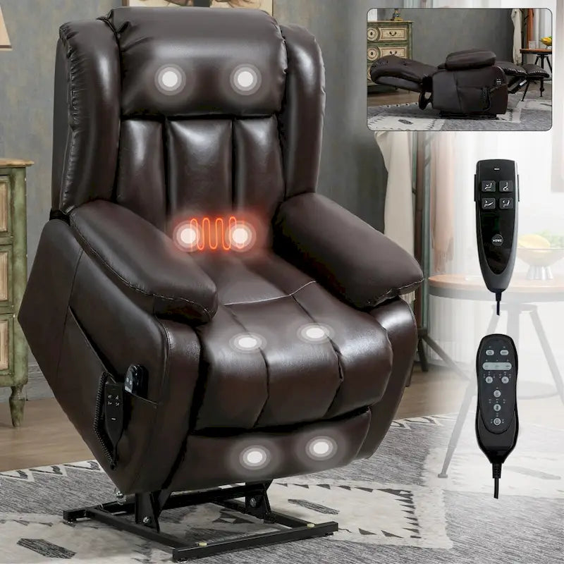 Electric Power Lift Recliner Chair - Genuine Leather, Dual Motors, 8-Point Massage, Lumbar Heat, 180° Recline