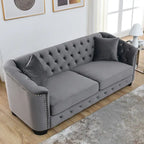 Velvet Sofa - 77"W, 3 Seats, Tufted Backrest, Nailhead Trim, Style, 250 lbs/Seat, Grey, Modern