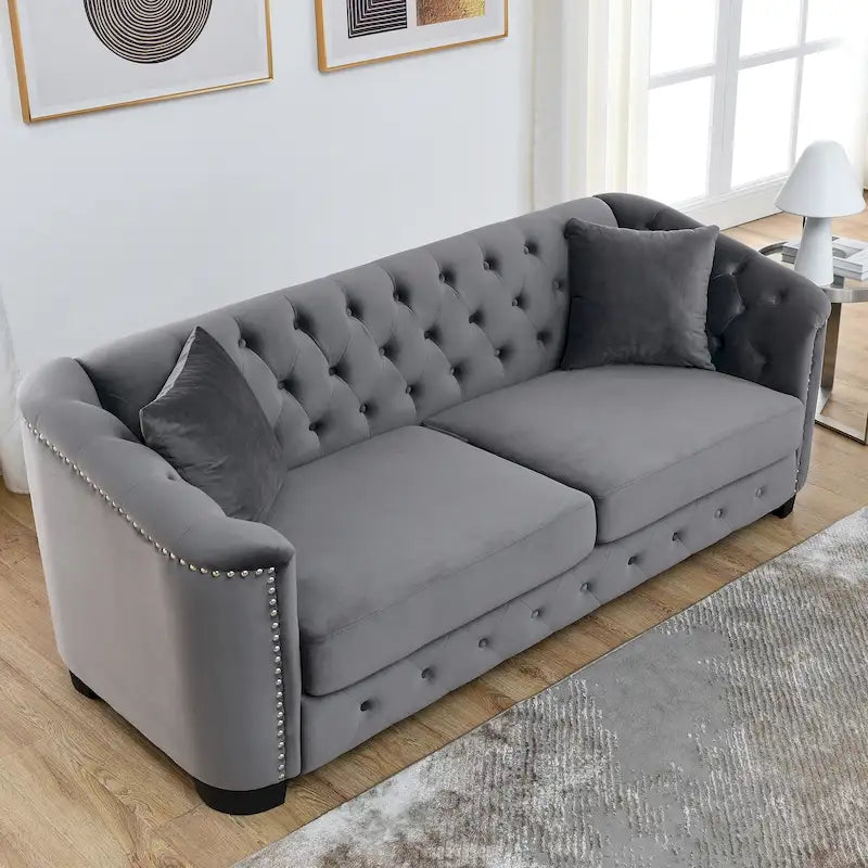 Velvet Sofa - 77"W, 3 Seats, Tufted Backrest, Nailhead Trim, Style, 250 lbs/Seat, Grey, Modern