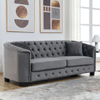 Velvet Sofa - 77"W, 3 Seats, Tufted Backrest, Nailhead Trim, Style, 250 lbs/Seat, Grey, Modern