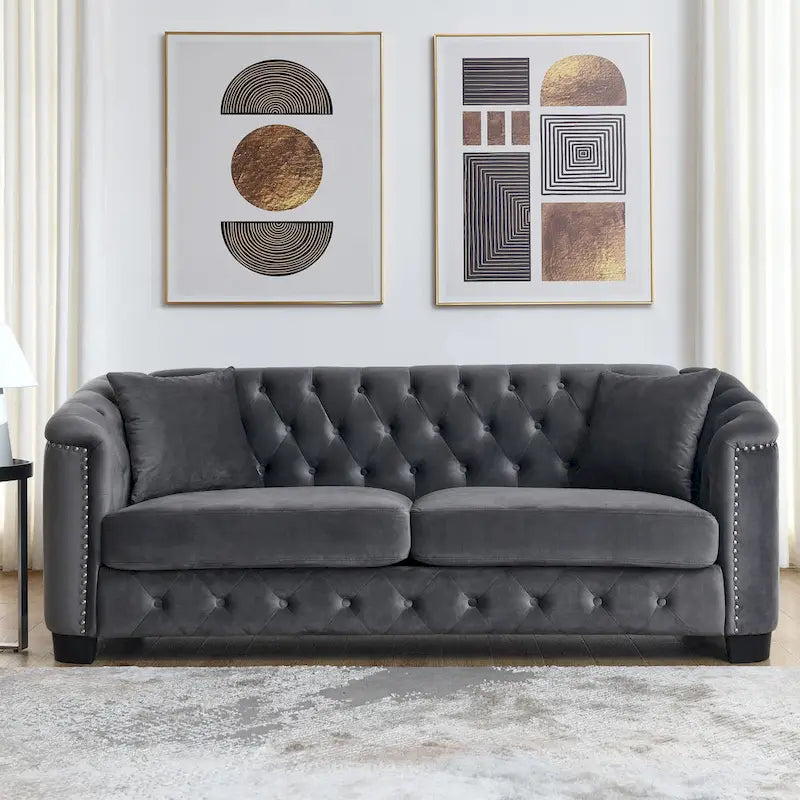 Velvet Sofa - 77"W, 3 Seats, Tufted Backrest, Nailhead Trim, Style, 250 lbs/Seat, Grey, Modern