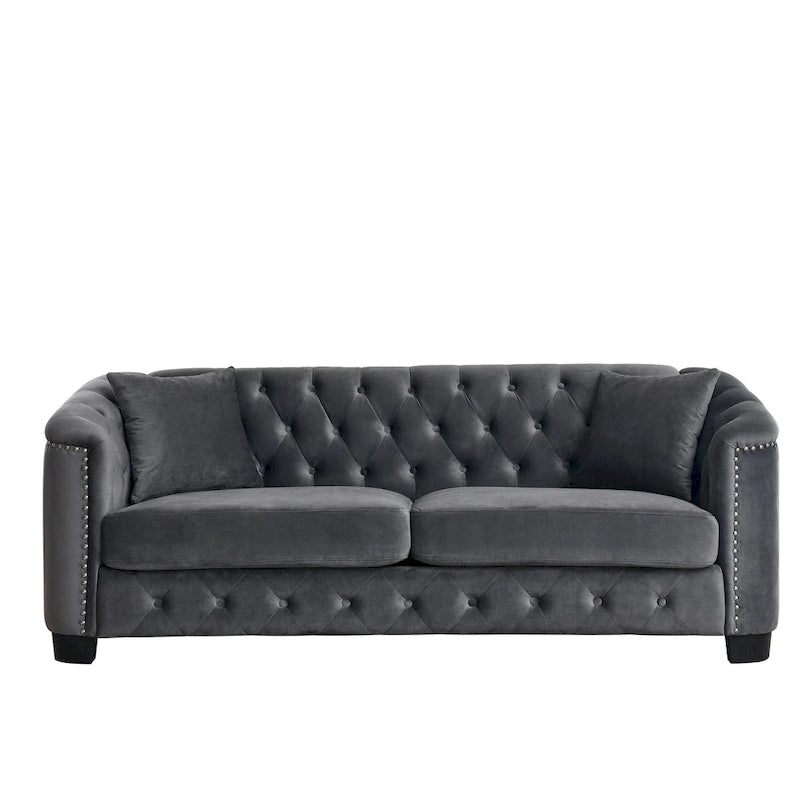 Velvet Sofa - 77"W, 3 Seats, Tufted Backrest, Nailhead Trim, Style, 250 lbs/Seat, Grey, Modern