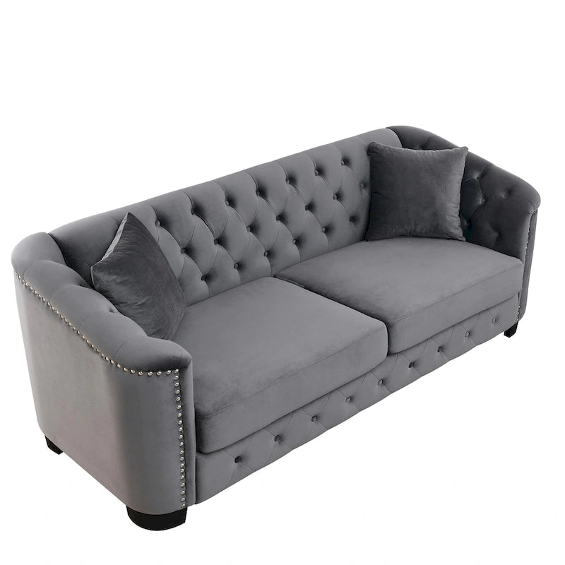 Velvet Sofa - 77"W, 3 Seats, Tufted Backrest, Nailhead Trim, Style, 250 lbs/Seat, Grey, Modern