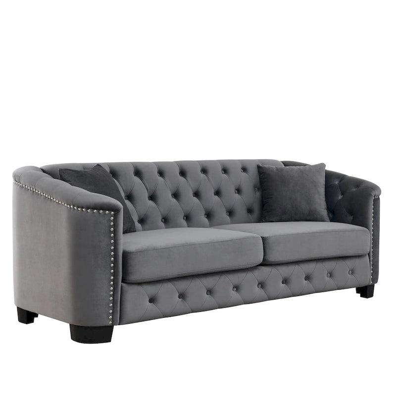 Velvet Sofa - 77"W, 3 Seats, Tufted Backrest, Nailhead Trim, Style, 250 lbs/Seat, Grey, Modern